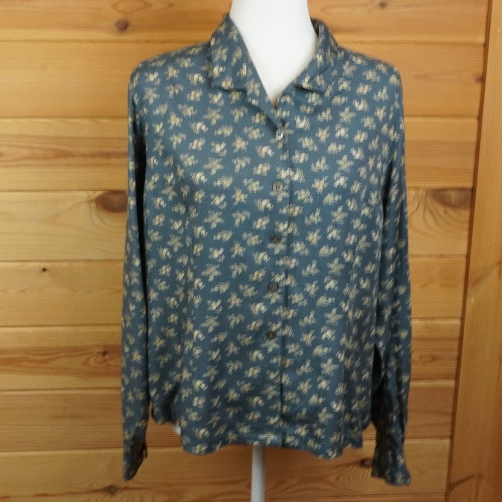 LL Bean Dark Gray‎ and Beige Floral Button Up Shirt Size 14